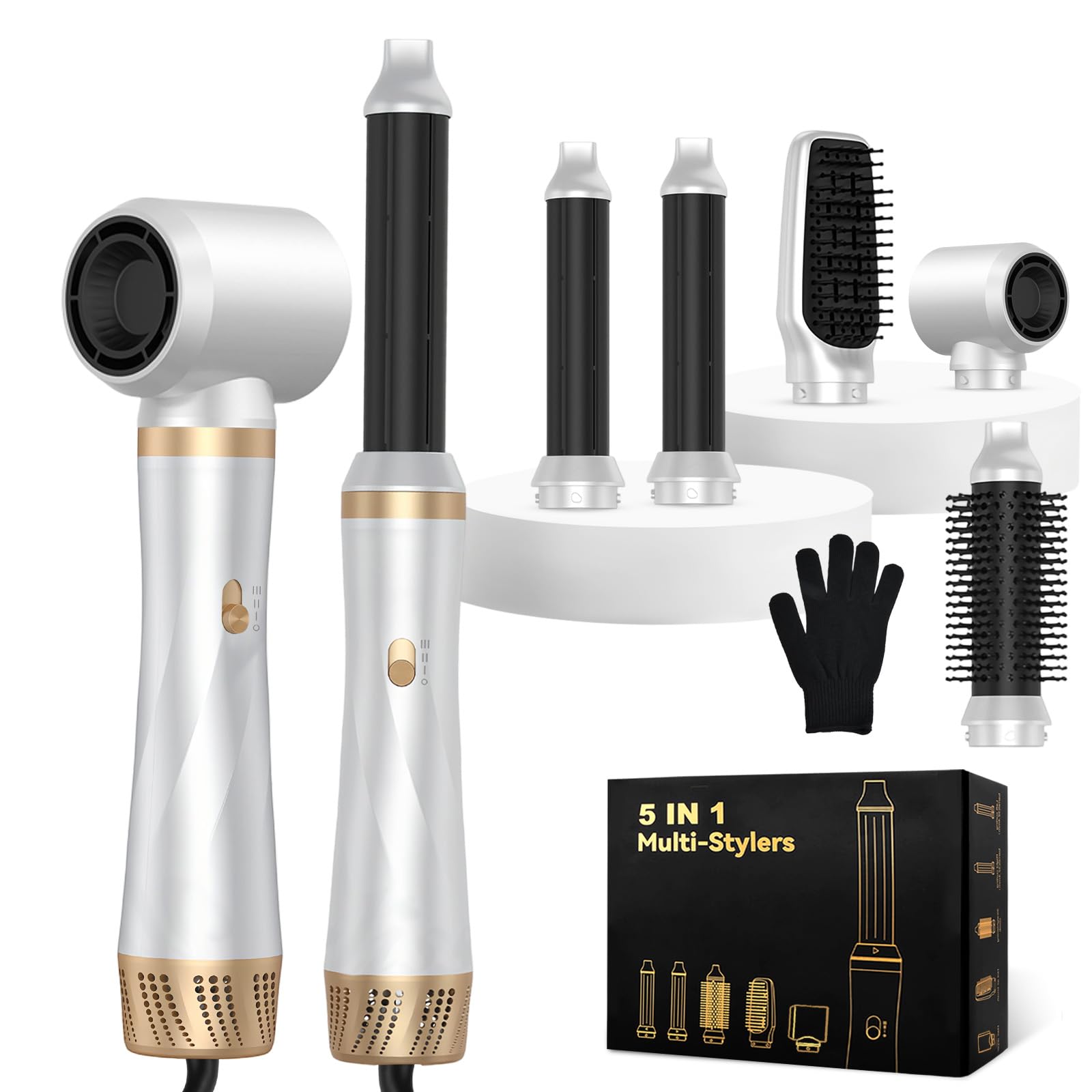 Cepillo Secador de Pelo 5 en 1, Air Styler Multifunción con Iones Negativos Secador, Rizador y Cepillo Alisador, 3 Temperaturas, 1000W Cepillo de Aire Caliente para Volumen, Alisa, Seco