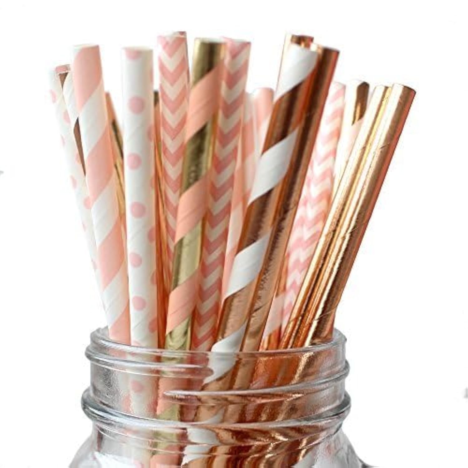 IPALMAY 150 Pieces Rose Gold and Pink Biodegradable Drinking Paper Straws, Striped Polka Dot Chevron, 7.75 Inches