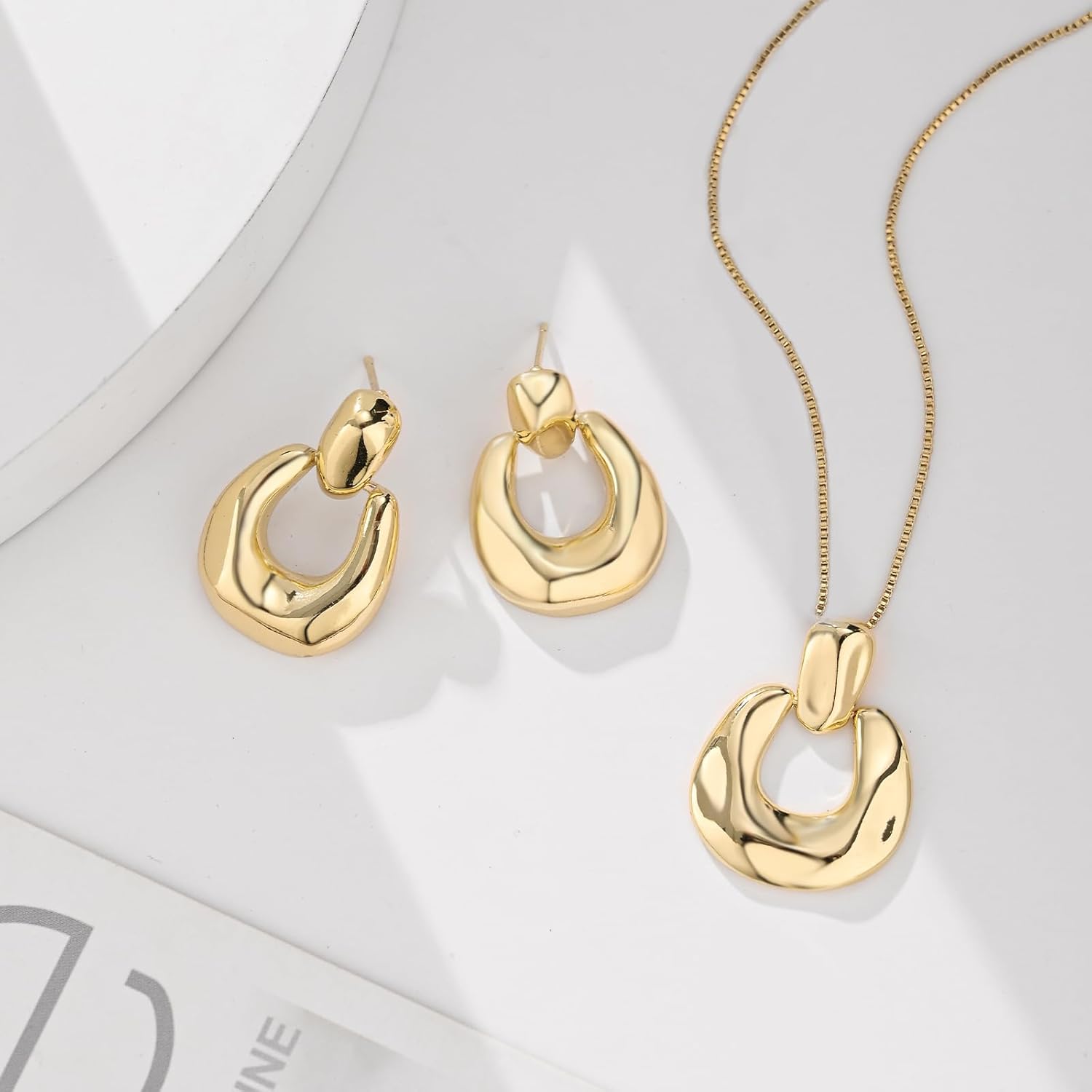 Gold Statement Jewelry Set for Women 14K Gold Pendant Necklace Stud Earrings Trendy Jewelry for Birthday Party christmas Gifts - Image 3