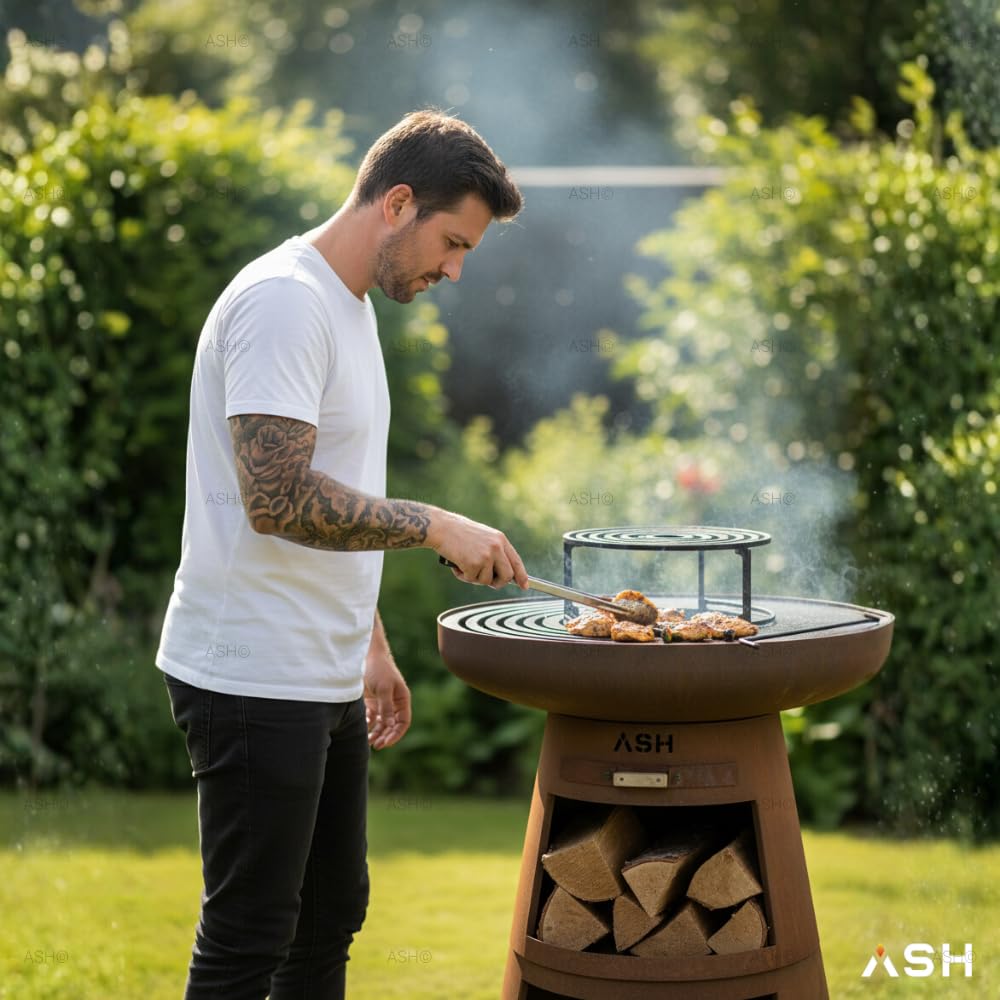 Plancha Acier Corten Couleur Rouille Plaque de Cuisson Exterieur Anneau de Barbecue Cheminee de Jardin Rangement du Bois Aspect Luxueux