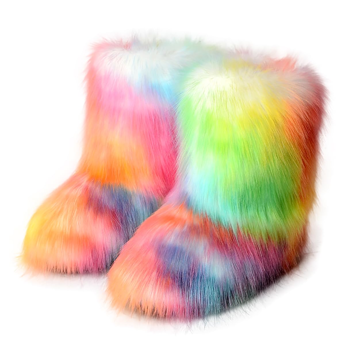 Eosxrp Furry Faux Fur Boots Women's Winter Shoes Woman Fluffy Warm Snow Boots Mid-Calf Comfortable Outdoor Flat