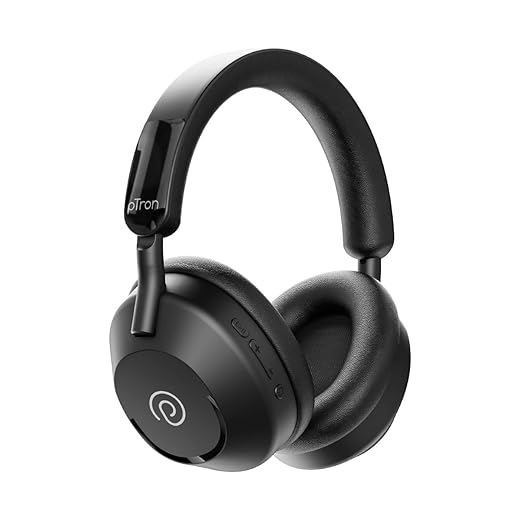 pTron Studio Ultima w/ 60Hrs Playtime, Dual Device Pairing, 40mm Drivers, Custom EQ, Mobile App, Wireless Over Ear Headphones w/HD Mic & TruTalk AI-ENC Calls, BTv5.4 & Type-C Charging (Jet Black)