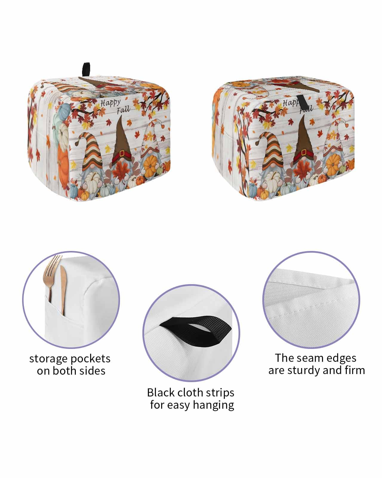 Fall Toaster Cover 4 Slice, Gnome Pumpkin Maple Leaves Wood Grain Bread Maker Dust Cover with Pockets for Kitchen Small Appliance 12x11x8in