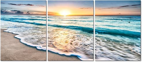 Pyradecor 3 Piece Giclee Canvas Prints Wall Art Paintings for Living Room Home Office Decorations - Blue Beach Sunrise White Wave Modern Gallery Wrapped Seascape Seaview Pictures Artwork Ready to Hang - coolthings.us