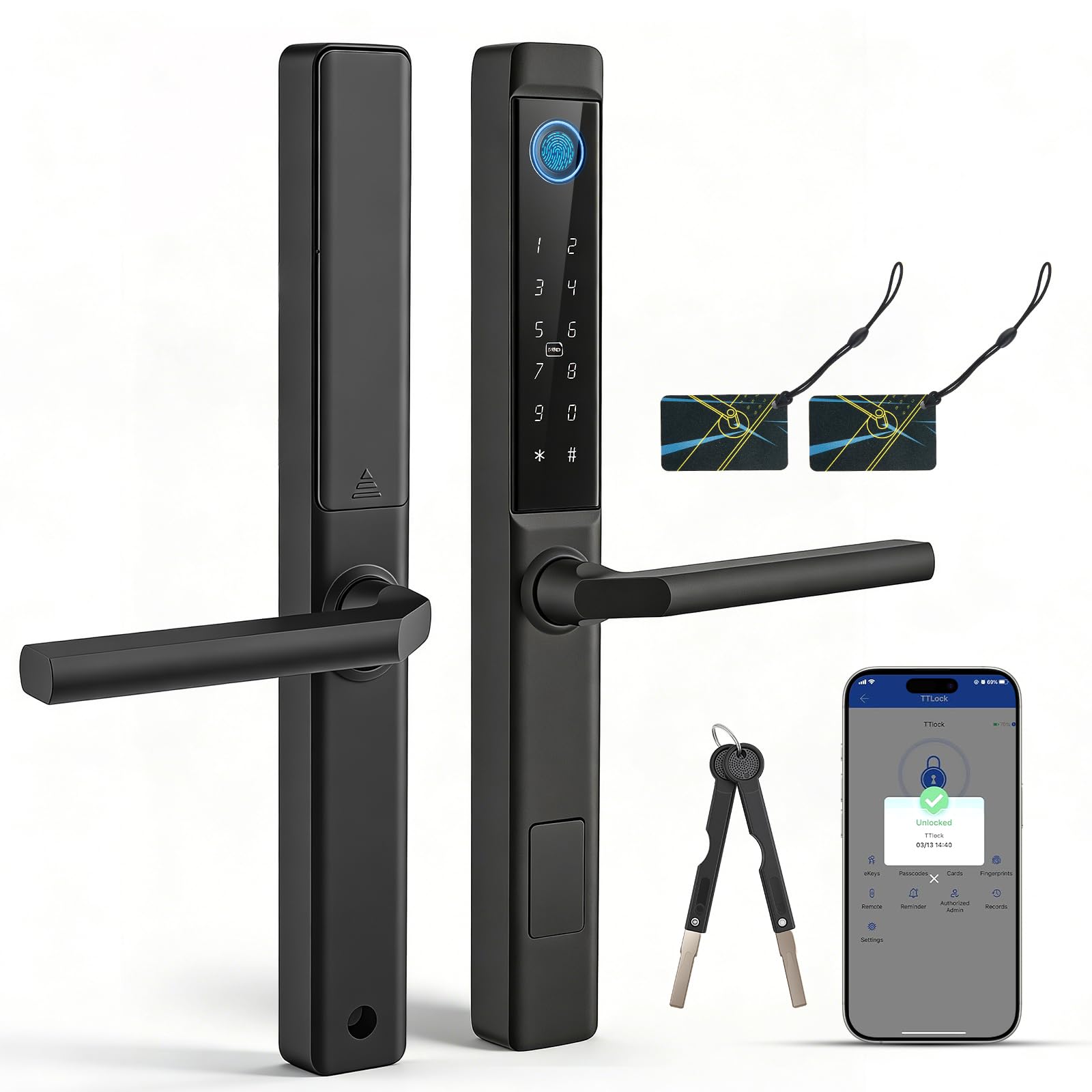 Cerradura inteligente de huella dactilar, cerradura de puerta inteligente con asa y teclado táctil, cerradura de huella dactilar semiconductor, RFID/APP/Código/Control remoto, para