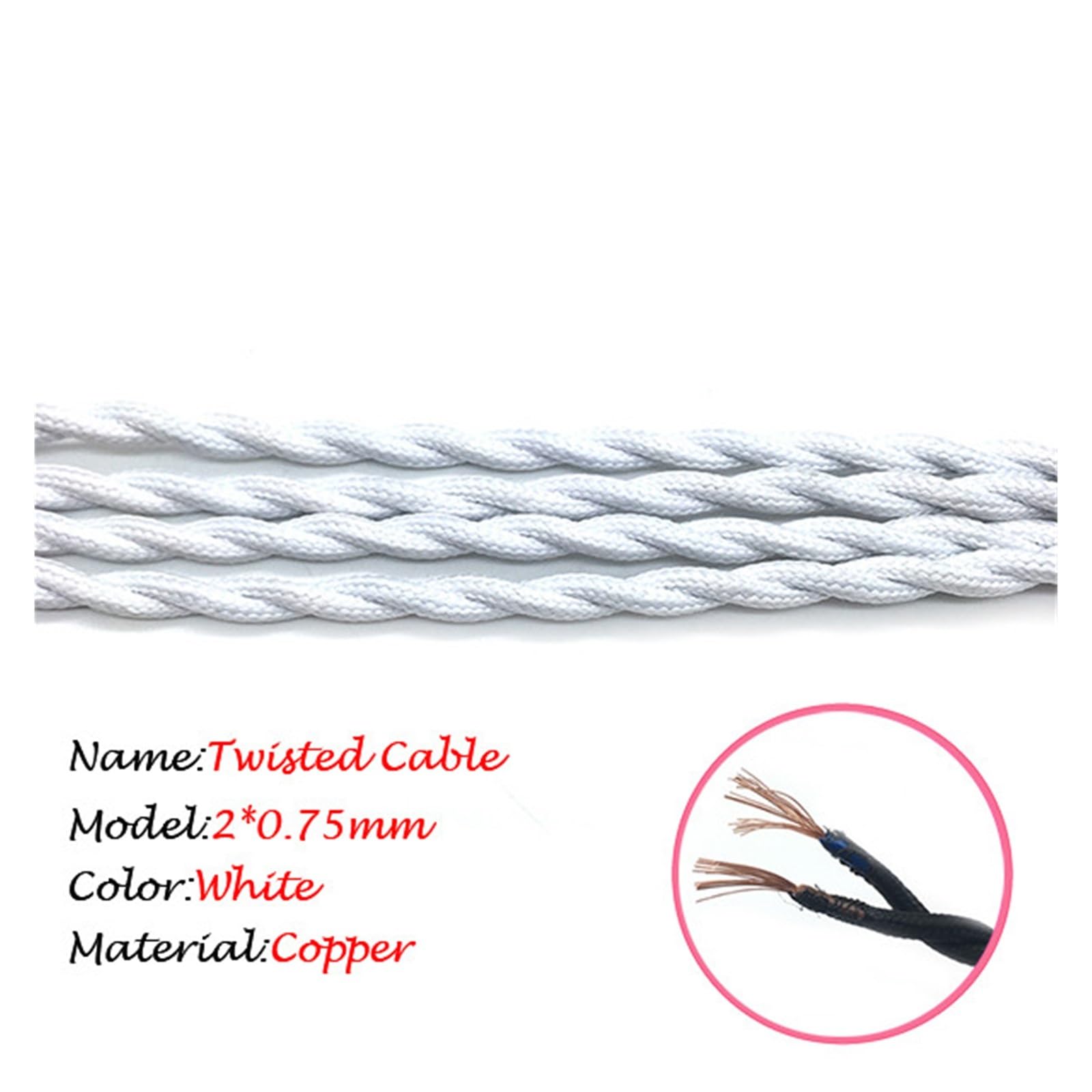 fil électrique, Câble en cuivre gainé de tissu à 2 conducteurs 0,75 mm² éclairage(White,10meter)