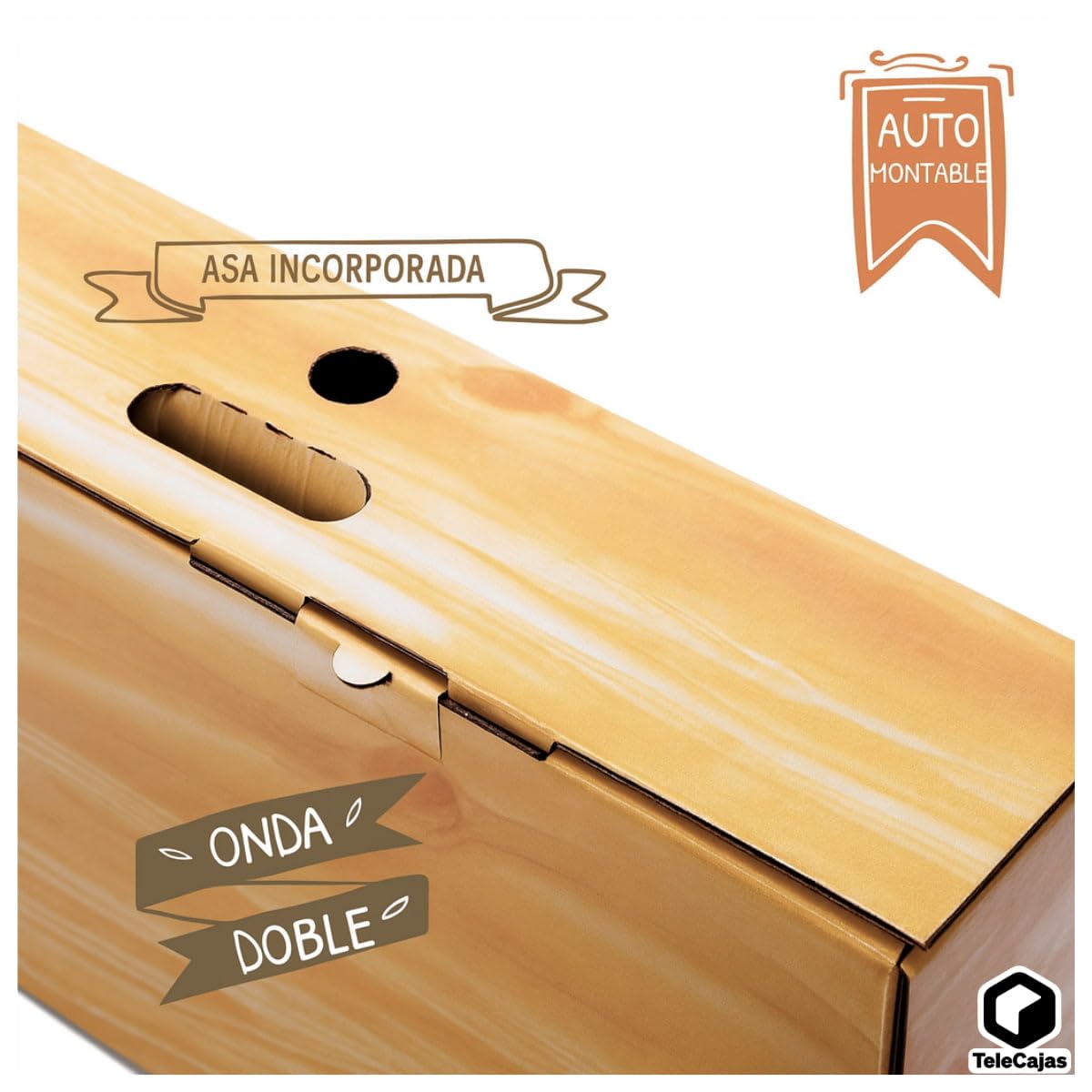 TELECAJAS | 5 Cajas Jamón Efecto Madera EXTRAFUERTES - (89x13x27 cms) Doble Solapa | Asa integrada | Pack de 5 Estuches