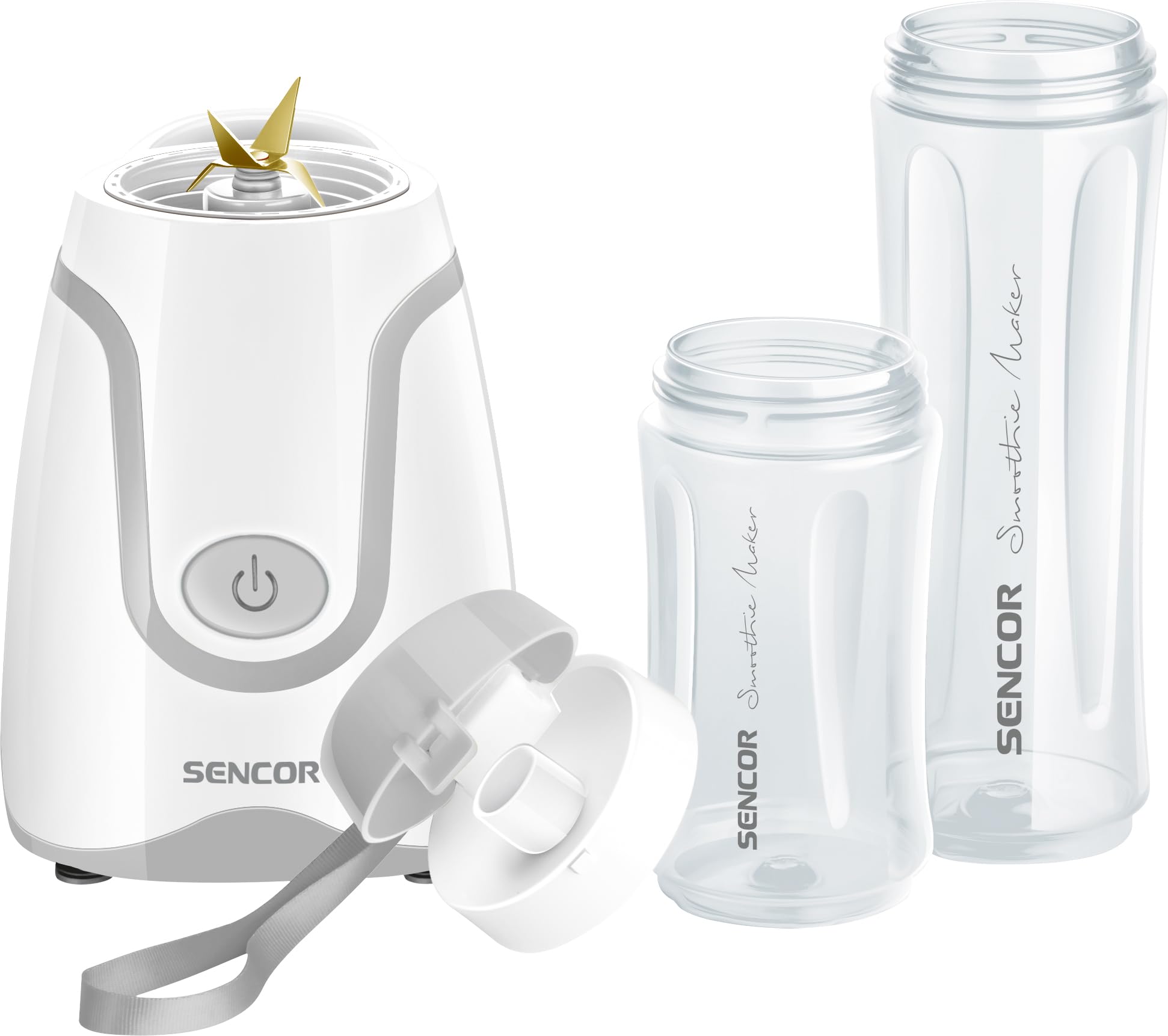Sencor Smoothie Mini Ultra mocny blender 500 W, 2 butelki Tritanu 0,6 l i 0,3 l bez BPA, długie ostrza odporne na rdzę, do smoothie, zup i innych - biały