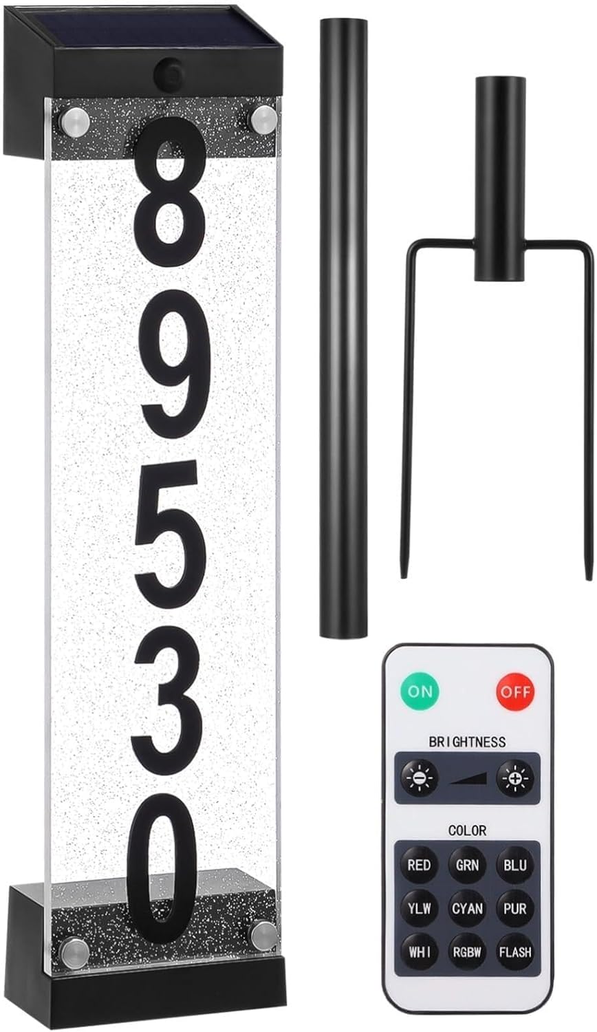 Solar-Powered Acrylic Address Light, Waterproof Led House Number Plaque, 9 Lighting Modes with Remote Control for Outdoor Yard and Garden Use,