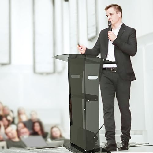 Miniatura 5 de Soporte de podio acrílico, podio negro transparente de 43 pulgadas con estante de almacenamiento, podios de atriles para profesores, púlpitos para