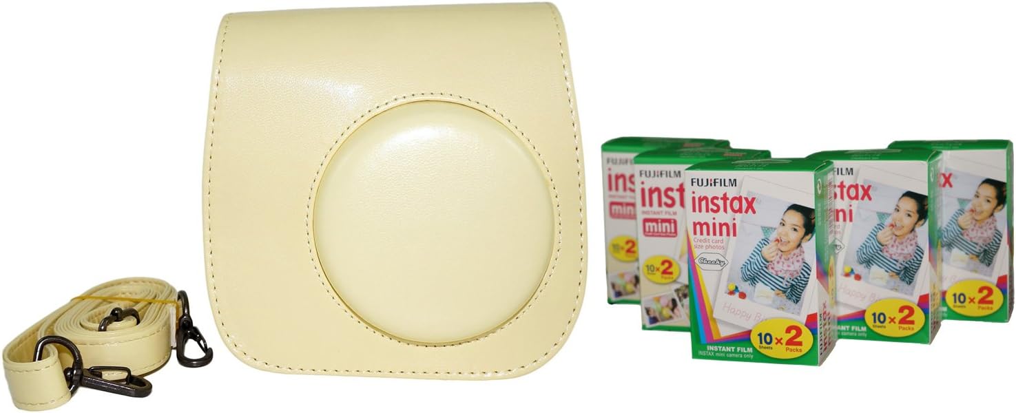 iDaily Essential Bundle Retro Camera PU Leather Carrying Case For Fujifilm Fuji instax mini 8 Yellow + Free Shoulder Strap + Free 100 Sheets Polaroid Mini Pack Instant Film