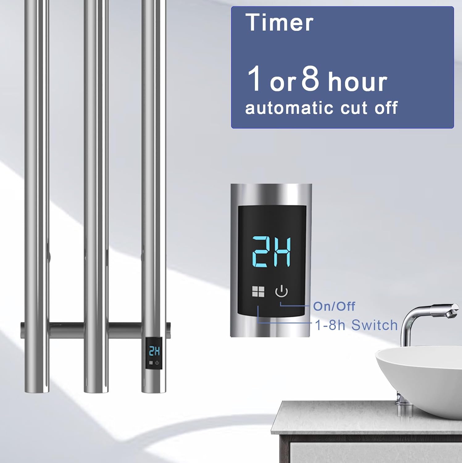 Electric Heated Towel Rack with Timer, Wall-Mounted Towel Warmer, 3 Vertical Bars, Plug-in or Hardwired, 38 Inch Height, Round Design (Silver)