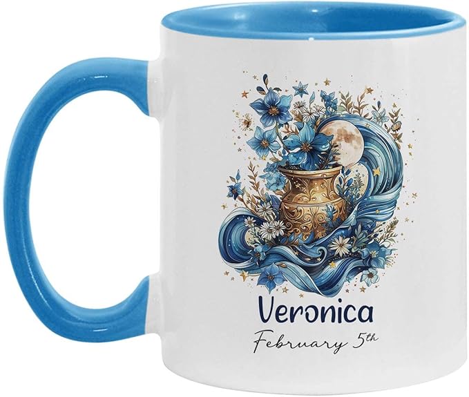 Aquarius Zodiac Sign Mug, Custom Name & Date Constellation, 11oz & 15oz, Horoscope Birthday Cup, Personalized Astrological Ceramic Mug, Customized Aquarius Accent