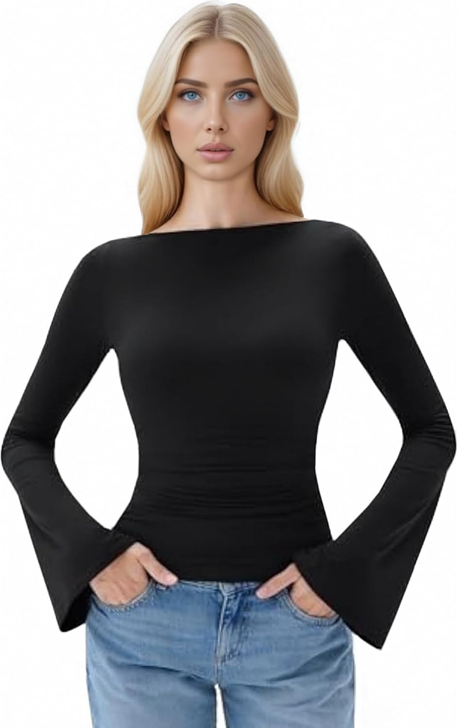 Women Sexy Bell Sleeve Tops Slim Fit Crew Neck Long Sleeve Fitted Going Out Party Club Basic T Shirts