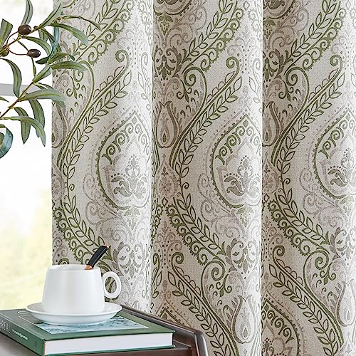 jinchan Linen Textured Curtains for Living Room Darkening 63 Inch Length, Medallion Drapes for Bedroom, Damask Pattern Window Treatments Vintage Curta