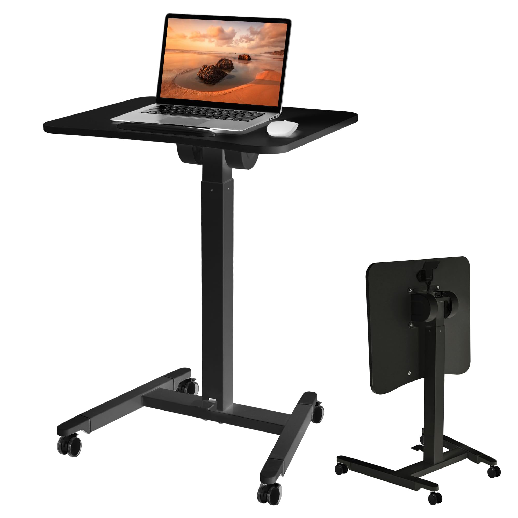 Fromann Mesa neumática ajustable para cama con ruedas, plegable, altura de elevación del pedal ajustable de 73,5 a 110 cm, para sala de estar, dormitorio (color negro)