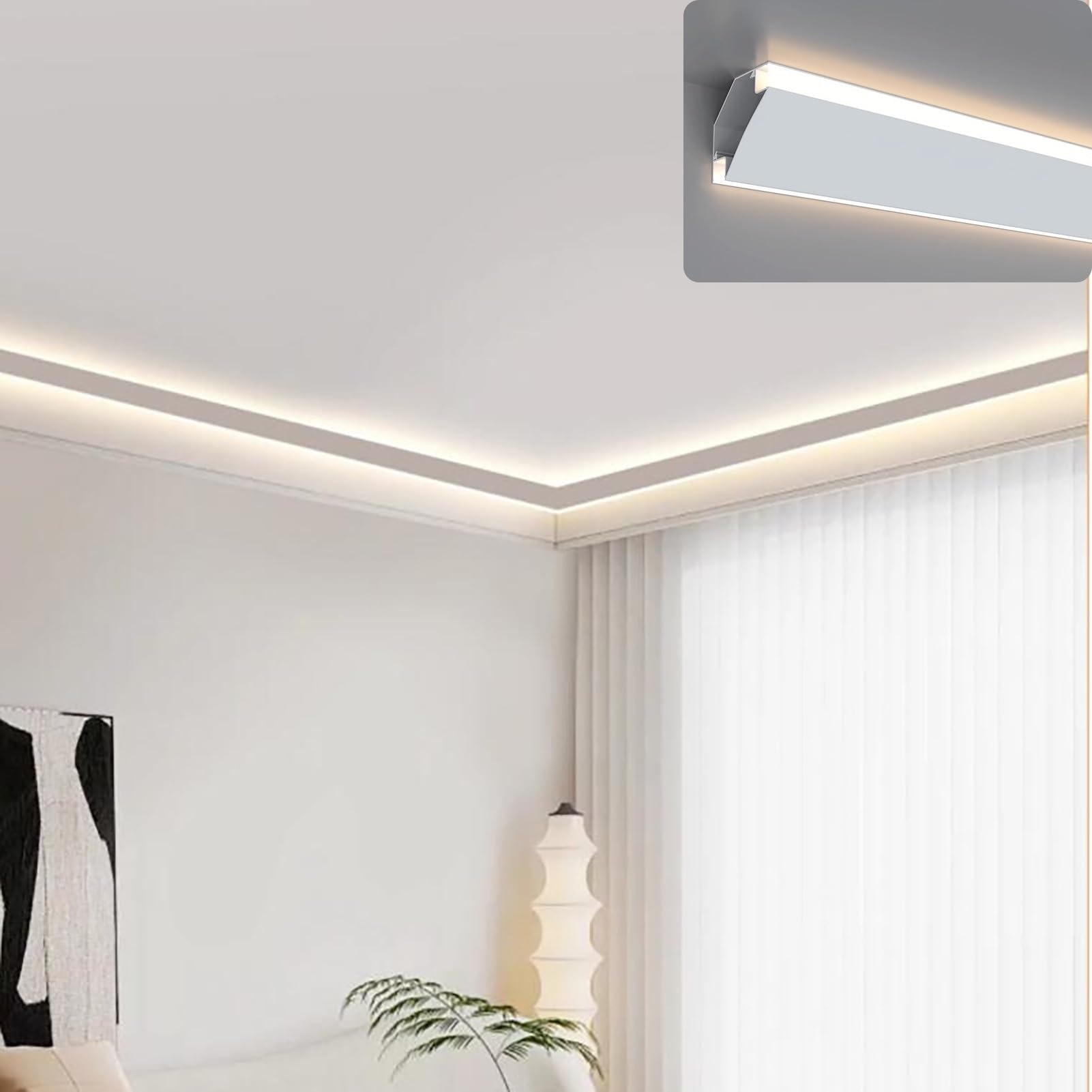 Profili per Strisce Led Illuminazione Battiscopa Diffusore Striscia Led per Interni, Canale in Alluminio Modanatura Corona per Soffitto / Cornicione, Canale Illuminazione Indiretta Decorativa Led(3.0m