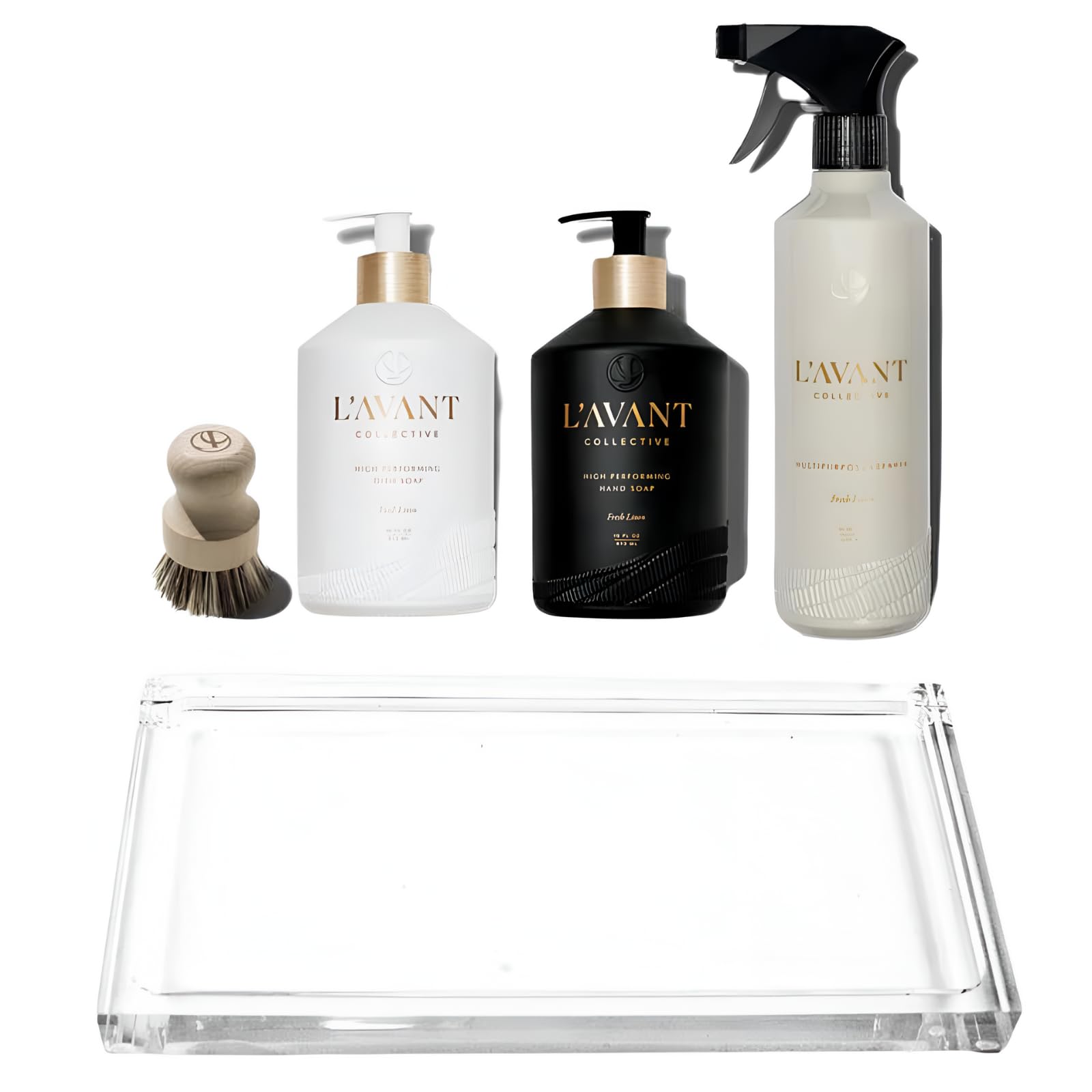 LAVANT Collective Luxury Home Essentials Bundle High Performing Dish Soap Hand Soap Multipurpose Cleaner Spray Scrub Brush Lucite