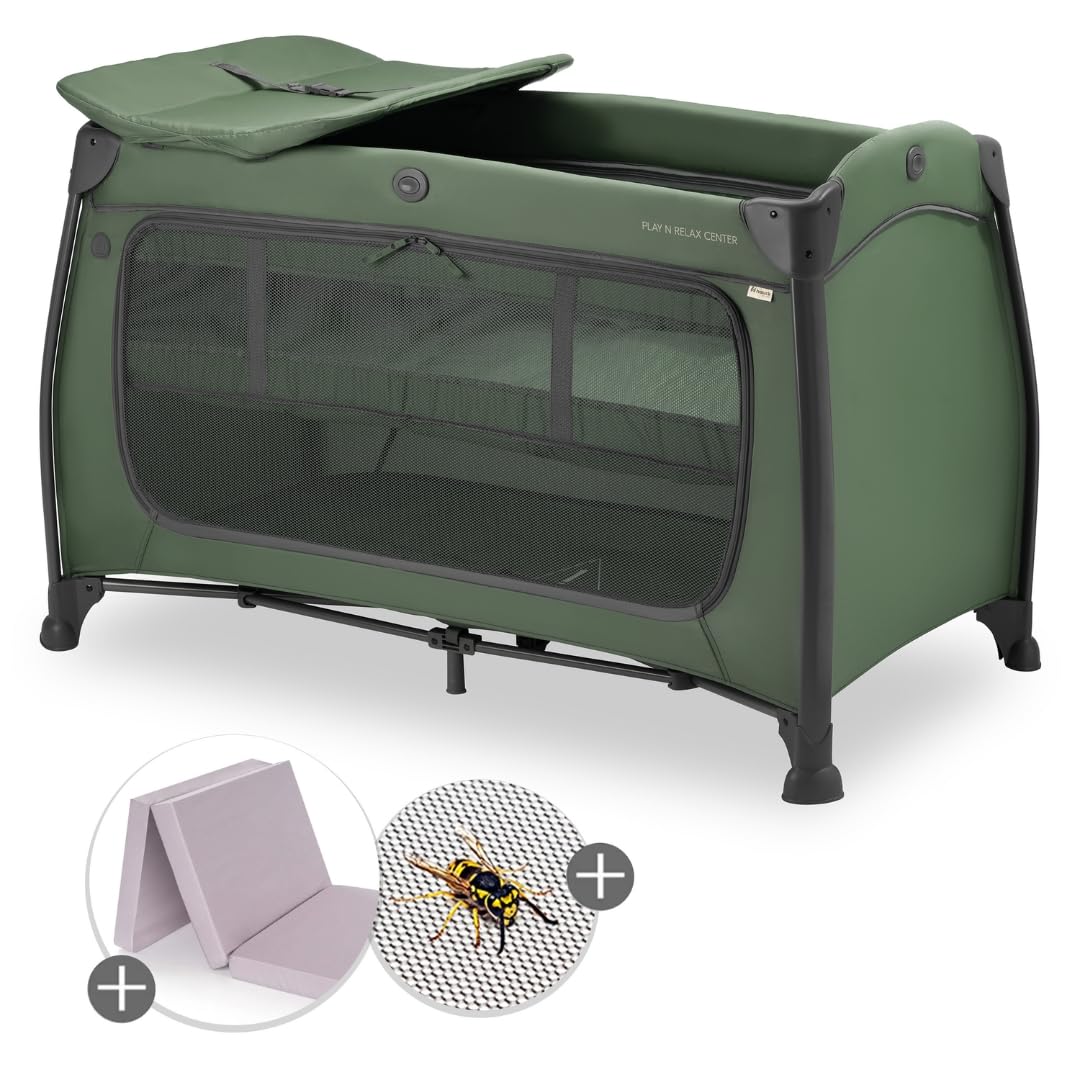 hauck Baby Reisebett Play N Relax Center Set mit Komfort Matratze und Insektenschutz - Babyreisebett mit Neugeborenen Einsatz, Wickelauflage und Tasche (höhenverstellbar & faltbar) - Dark Green