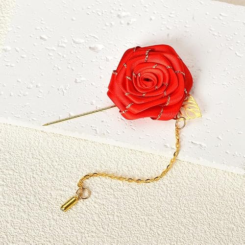 Red Rose Brooch Pin Cloth Rose Flower with Gold Leaf Brooch Suit Lapel Pins for Men Tassel Chain Brooch Rose Flower Pin Brooches for Men Suits Bridegroom Wedding Brooches Rose Pins Accessories - Thumbnail 4