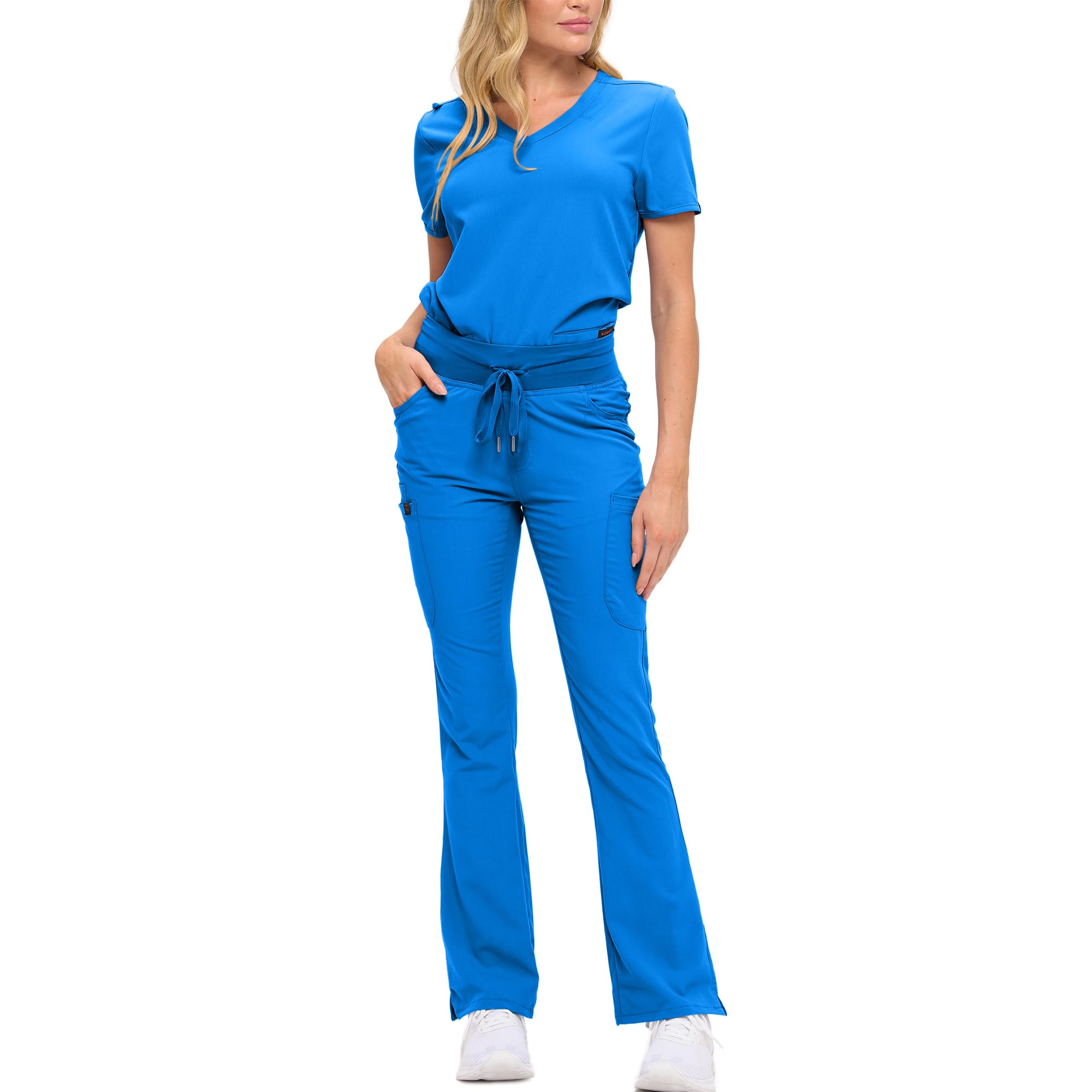 Womens Soft Stretch Scrub Set With Nine Pockets V-Neck Top High-Waisted Bootcut Pants