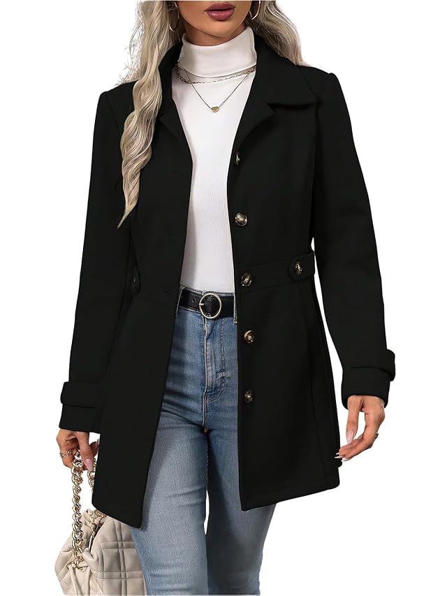 ebossy Womens Notched Lapel Single Breasted Wool Pea Coat Button Up Elegant Slim Blazer Jacket Outwear