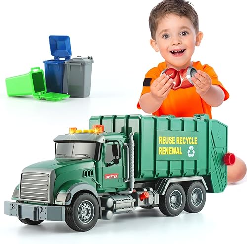 Camión de transferencia de basura para niños pequeños, camión de basura grande de 15 pulgadas para gestión de residuos con sonidos y luces, regalos