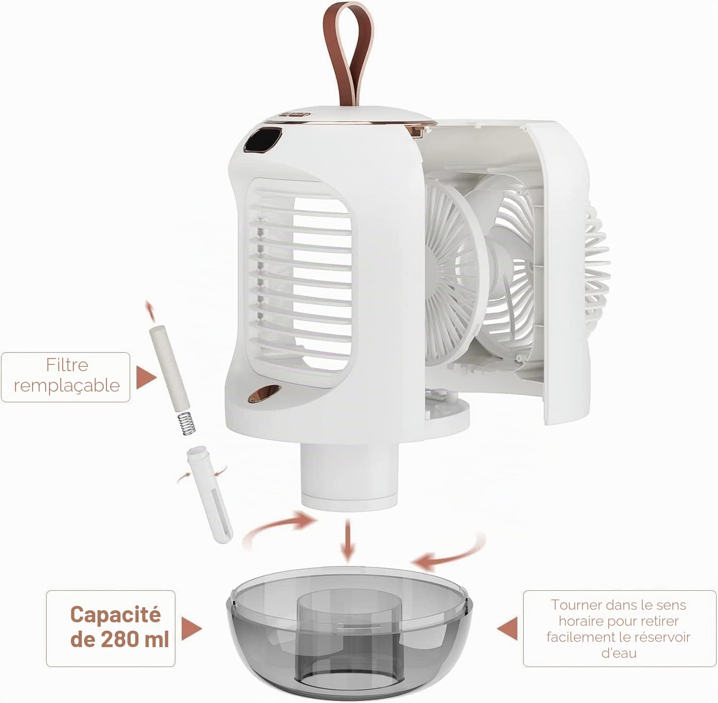 Climatiseur Mobile Rotatif, Mini Refroidisseur d'Air USB Multifonctionnel avec 3 Vitesses, Lumière de Nuit, Oscillation à 180°, Climatiseur Personnel Portable pour Chambre, Bureau