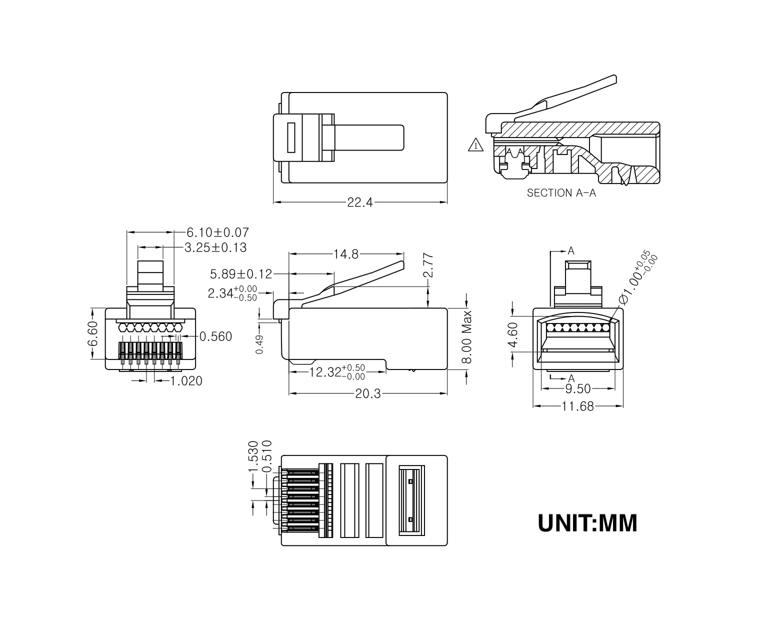 Conectores RJ45 de paso Cat5e, paquete de 100 extremos Cat5/conector Cat 5/conectores modulares Cat 5e RJ45 (chapado en oro de 3 clavijas 15μ), enchufe de red UTP para cable de hilo sólido