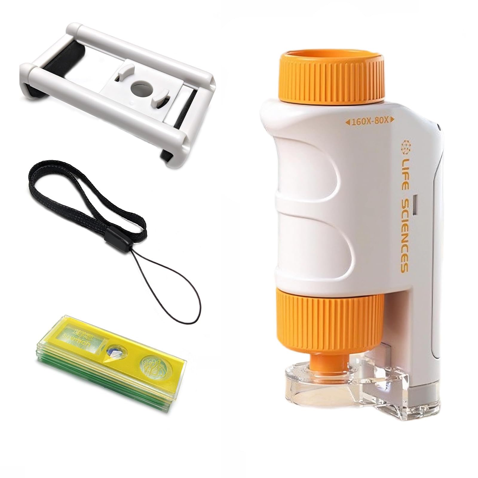 KASTWAVE 80X-160X LED Lighted Pocket Microscope, Portable Mini Microscope, Handheld Miniscope, for Microbiological Observation Home Study Educational Supplies, with Sliders Kit for Kids (Orange)