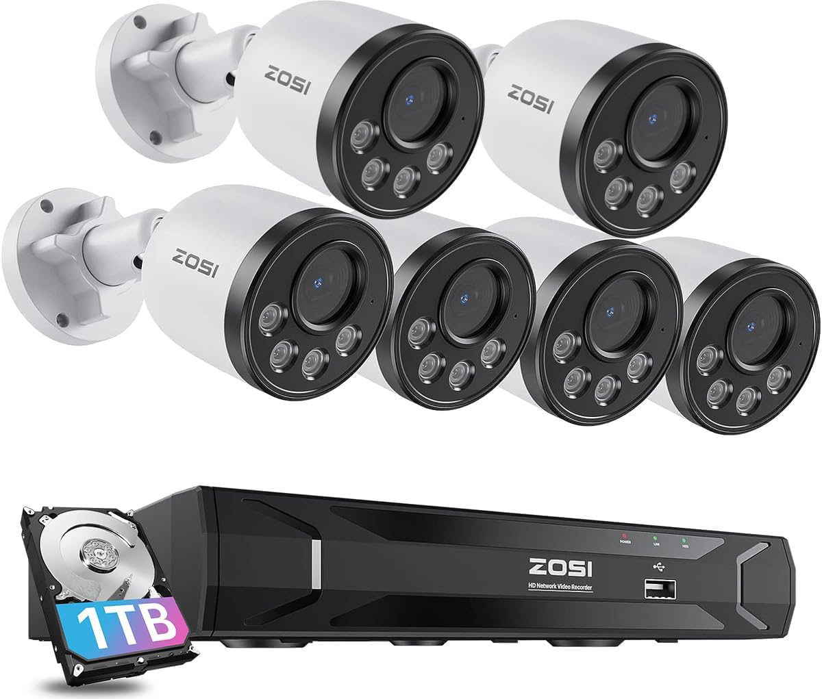 ZOSI 5MP 8CH PoE Security Camera System with Audio,6pcs PoE IP Cameras Outdoor,Night Vision,Smart Human Detection,Remote Access,H.265+ 8 Channel 5MP(3K) NVR with 1TB HDD for Home 24/7 Recording.