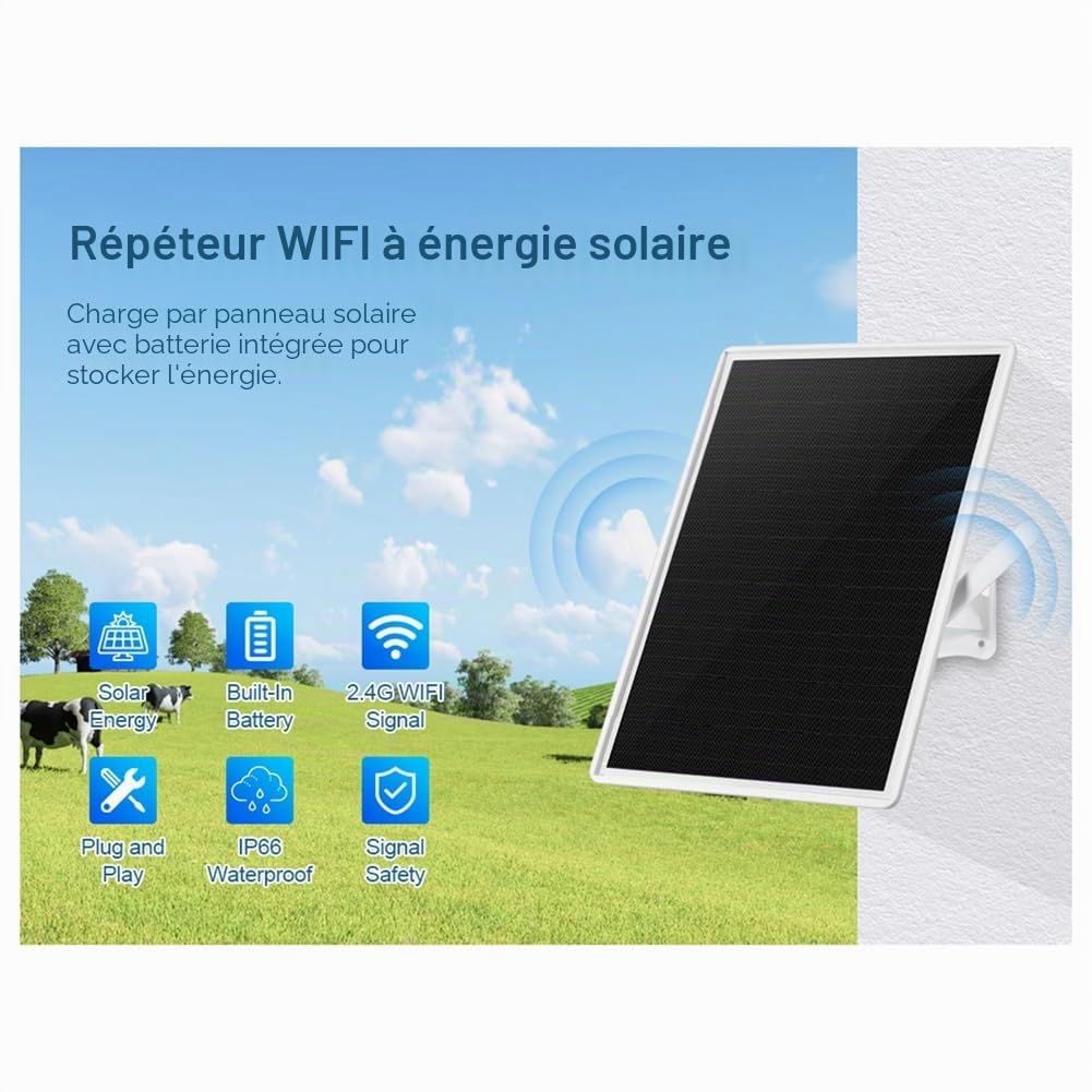 Répéteur WIFI Solaire pour Extérieur, Extension de Portée Wi-Fi Résistant aux Intempéries, Amplificateur de Signal Internet sans de 2,4 GHz, Batterie de 20000 MAh