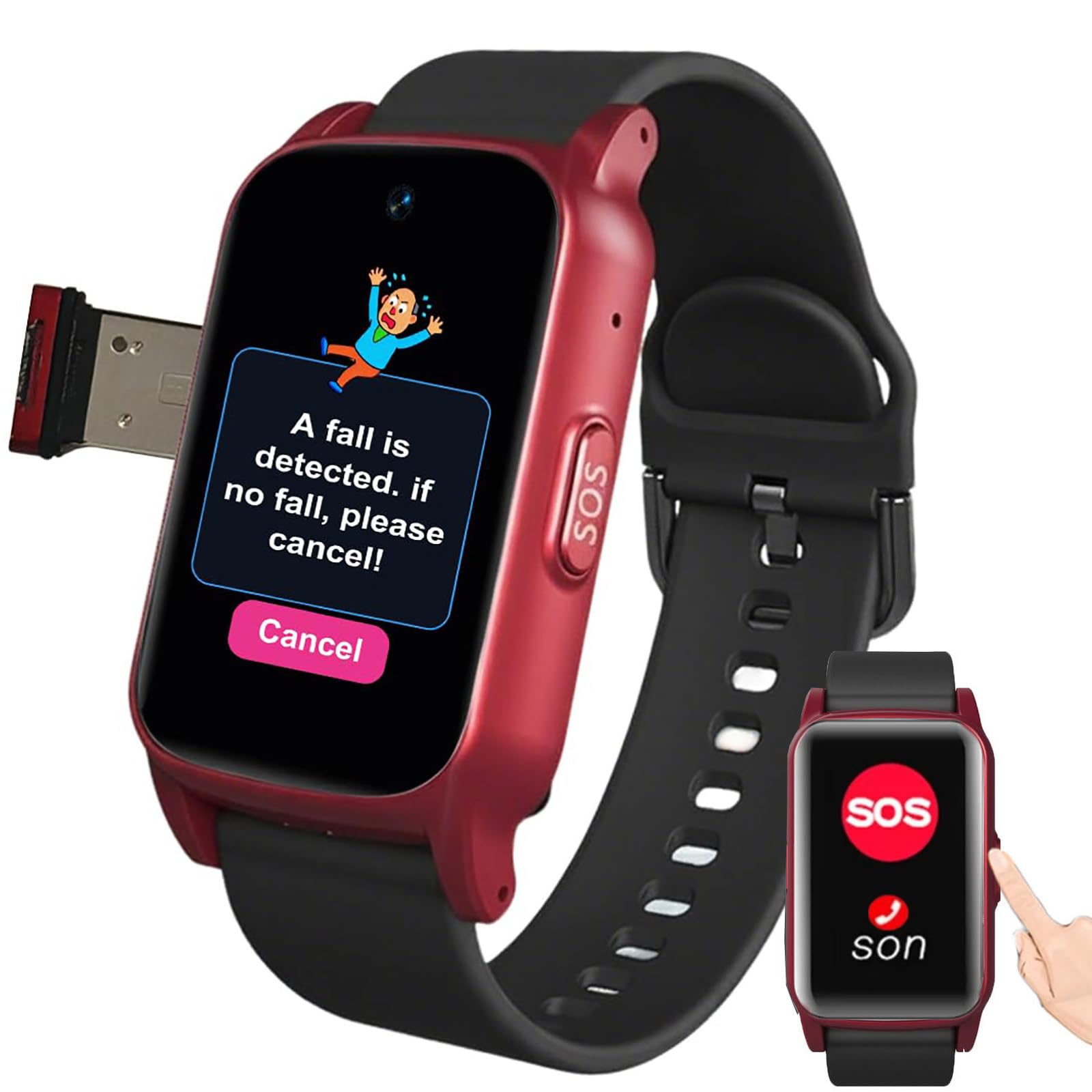 ZHZWwansuGE 1.47'' HD Fall Detection Smart Watch for Seniors, SOS Alert,GPS Tracker,Emergency Call,Health Monitoring, Ip67 Waterproof,Multiple Languages,for Elderly Red