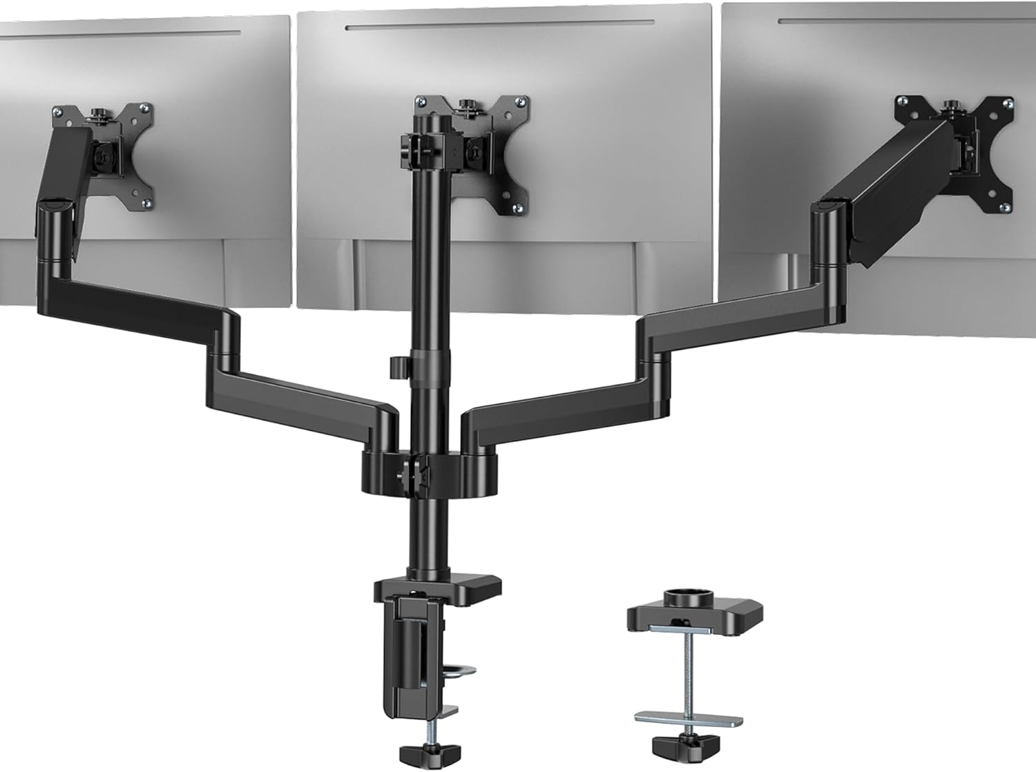 Triple Monitor Desk Mount, 3 Screen Arms for Flat/Curved Screens Up to 27 inch, Hold up to 17.6lbs Each, Fully Adjustable Gas Spring Monitor Stand, VESA 75x75/100x100