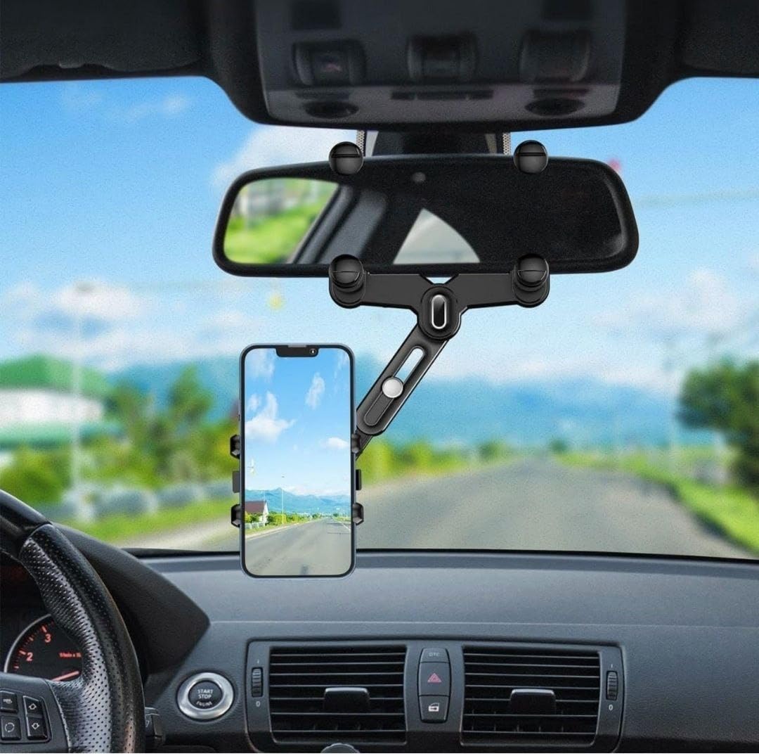 360°Rotatable and Retractable Car Phone Holder,Multifunctional Car Rearview Mirror Universal Adjustable Arm & Angle Cradles Mount Desk Cars for All Mobile Phones