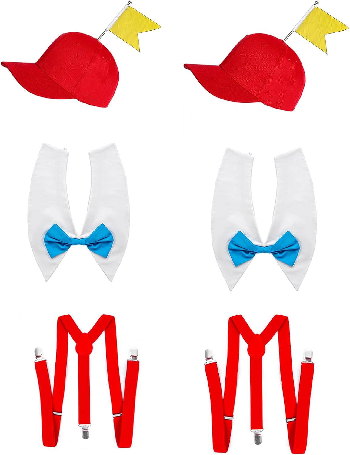Red Cap with Yellow Flag White Collar With Blue Bow Tie Red Suspenders 3-Piece Accessory Kit for Costume