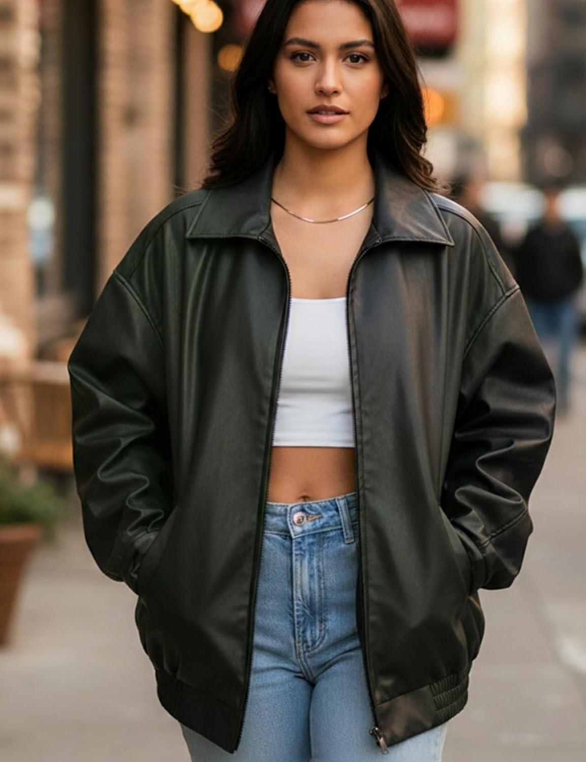 hathne Women's Oversized Leather Jackets Faux Zip Up Fall Fashion Motorcycle Jackets Coats Winter Clothes - Image 5