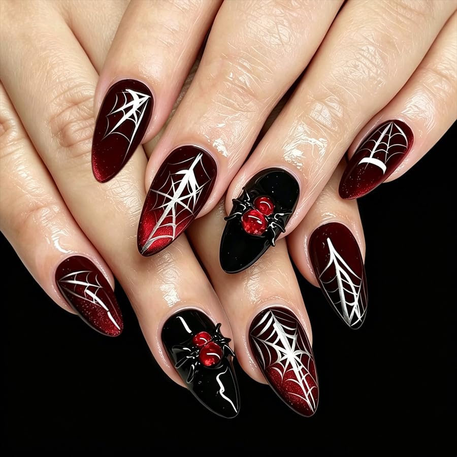 Halloween 24PCS Black Red Rhinestones Cat Eye Spider Web Press on Nails for Women Almond Medium Glossy Fake Nail Acrylic Full Cover Stick on Nails Manicure Decoration Reusable False Nail Kit Gift