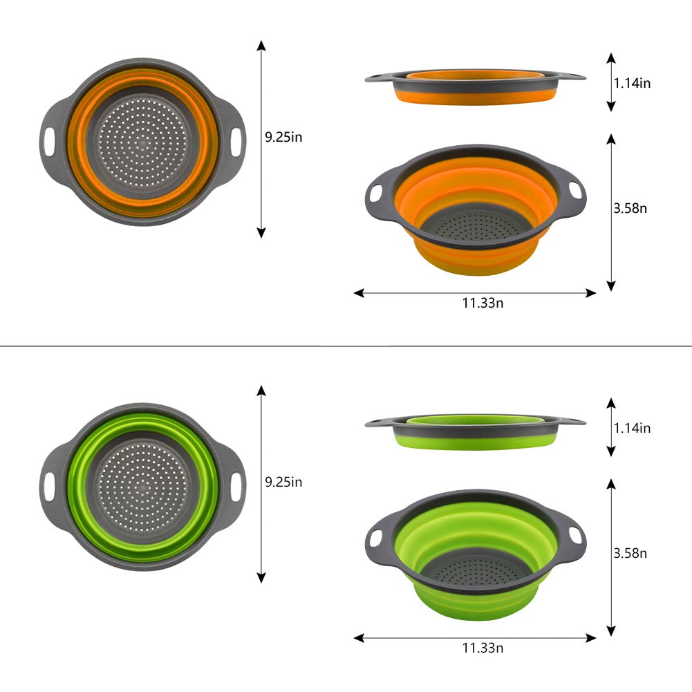 QiMH Juego de 3-2 coladores plegables de 4 cuartos y 1 colador de 6 cuartos de galón sobre el fregadero, base de plástico resistente de grado alimenticio, colador de alimentos plegable de silicona