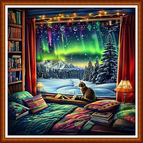 Image of Joyhoor Stamped Cross Stitch Kits for Beginners Needlepoint Kits for Adults Embroidery Kits 11CT Counted Cross Stitch Kits Printed Embroidery Pattern-Outdoor Aurora Borealis Scenery 18x18 inchs