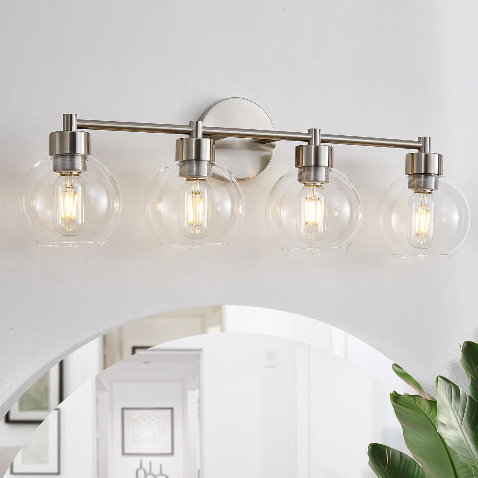 Bathroom Light Fixtures, 4 Lights Bathroom Vanity Light Brushed Nickel Round Finish, Bathroom Vanity Lights with Clear Globe Glass Shades, Wall Sconce for Mirror, Bedroom, Living Room, Kitchen