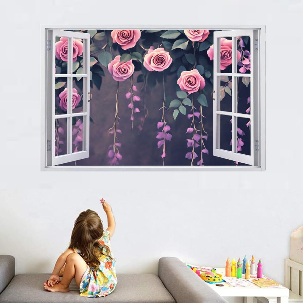 Wandbilder Wandtattoo 3D Rosenblüte Wanddurchbruch Wandaufkleber Natürliche Blumen Fensterdeko Bilder Wanddeko Mädchen Aufkleber Selbstklebend Fenstersticker Wandsticker Kinderzimmer Deko