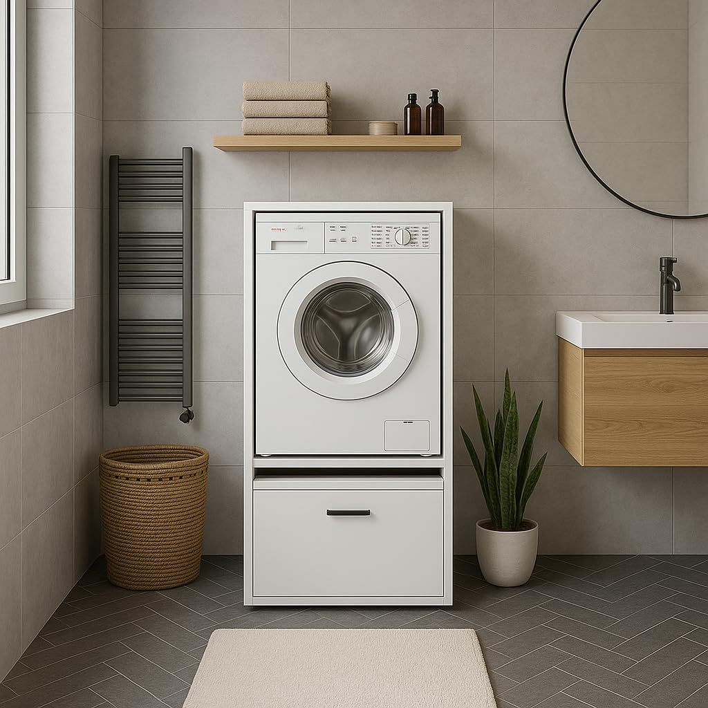 Bricozone Mobile Lavatrice Con Cassetto Integrato In Laminato Bianco 25 Mm Con Mensola Scorrevole Design Moderno Per Lavanderia O Bagno Salvaspazio Robusto E Facile Da Montare