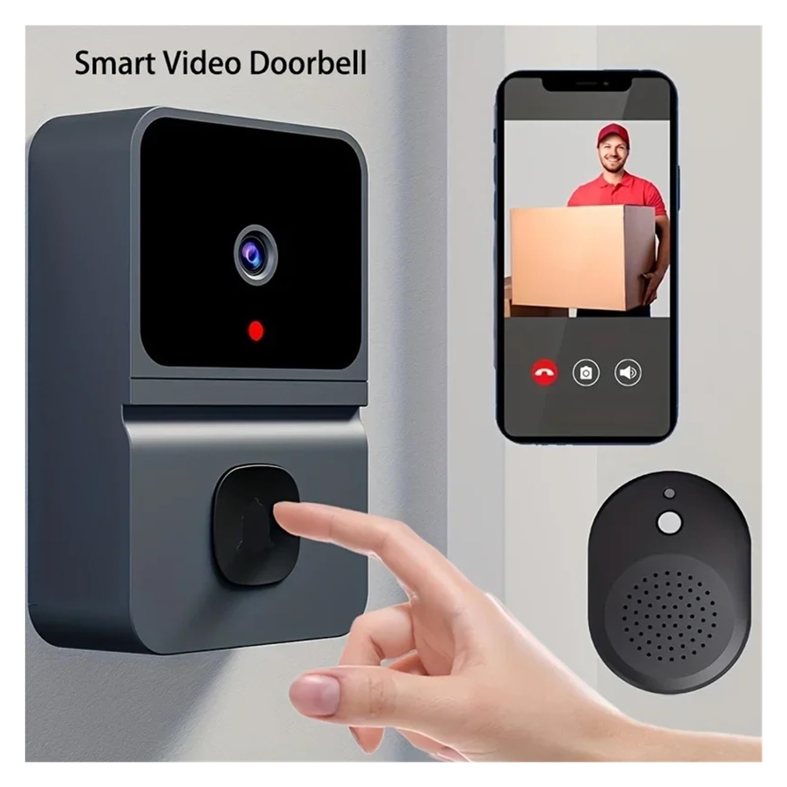 Inteligentny wideodomofon Wodoodporny bezprzewodowy dzwonek do drzwi, Wi-Fi, wideo HD, inteligentna kamera, na zewnątrz, widzenie w nocy, 720p domu, biura(Black)