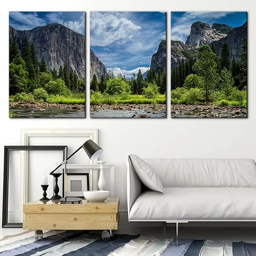 Vista 21 de 3 piezas de pintura verde para pared, parque nacional de Yosemite, agua clara, lago, montañas, árboles, rocas, impresiones sobre lienzo, decoración