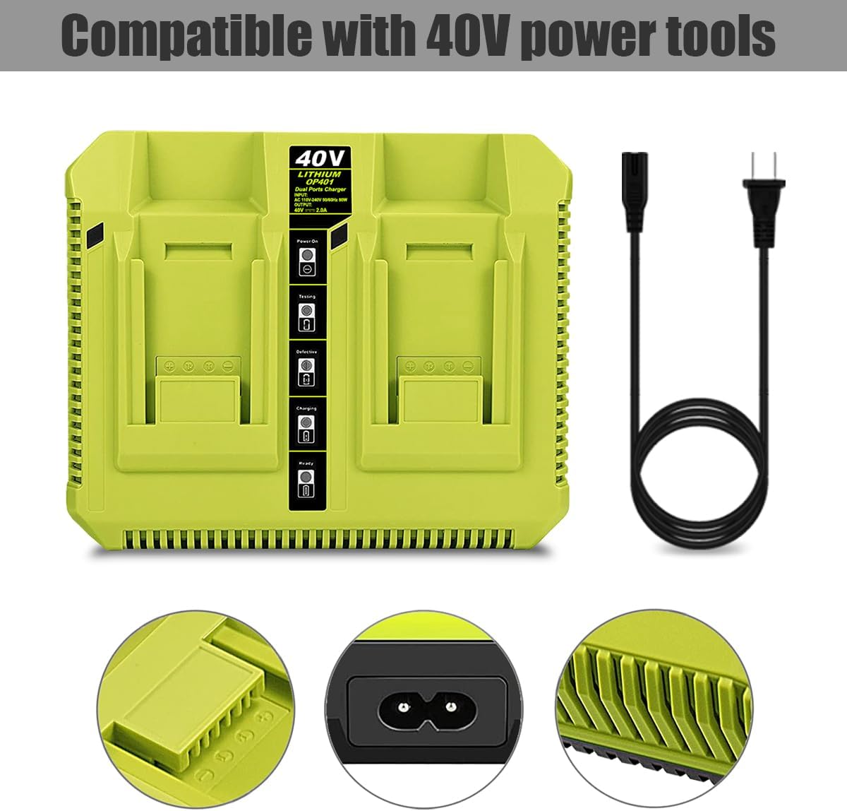 Lizone OP40601 OP40602 OP401 40V Dual Battery Charger Replacement for Ryobi 40V Battery Charger OP401 OP403 OP404 OP406 OP407A Fast Rapid 40 Volt 40V Dual Charger