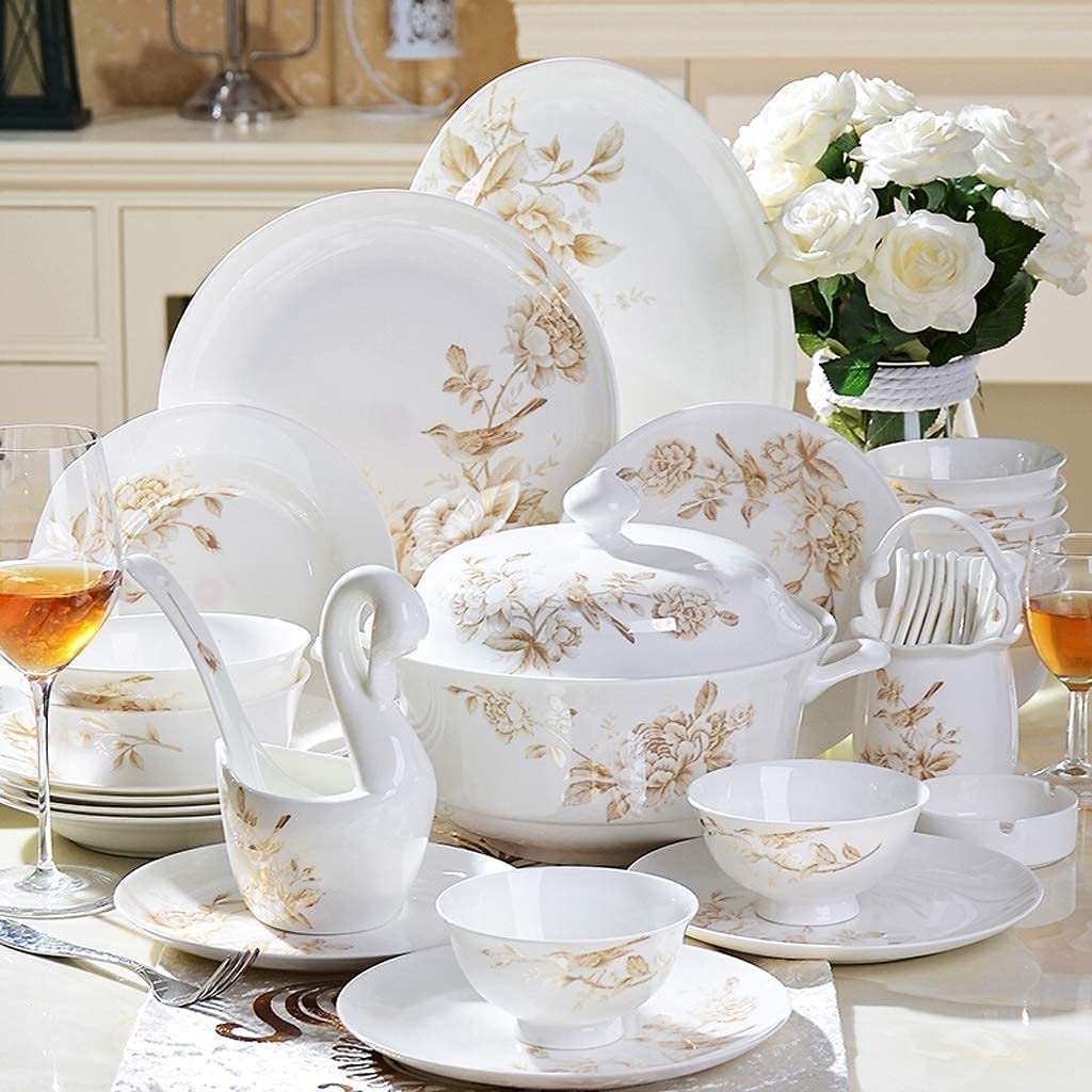 Juego de vajilla de cerámica con 50 Piezas (Plato, Olla y Cuchara) | Vajilla de Porcelana China, Juego Completo de Porcelana Garden Spring