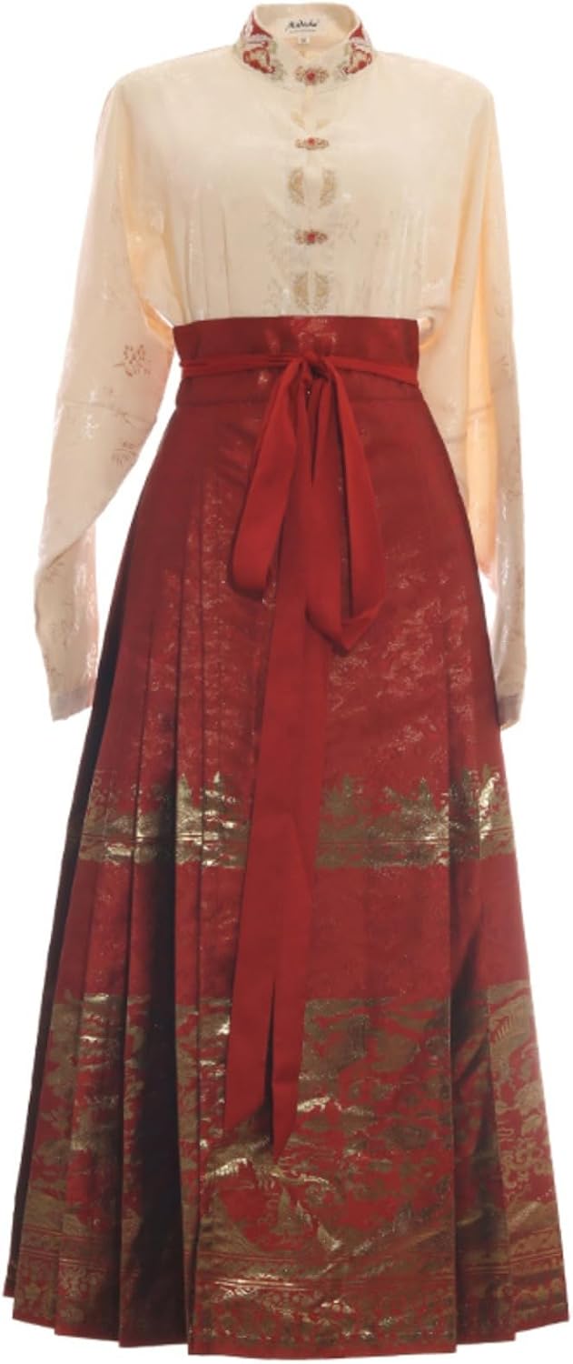 Chinese-Style Pleated Skirt 2-Piece Set with Horse face Design.