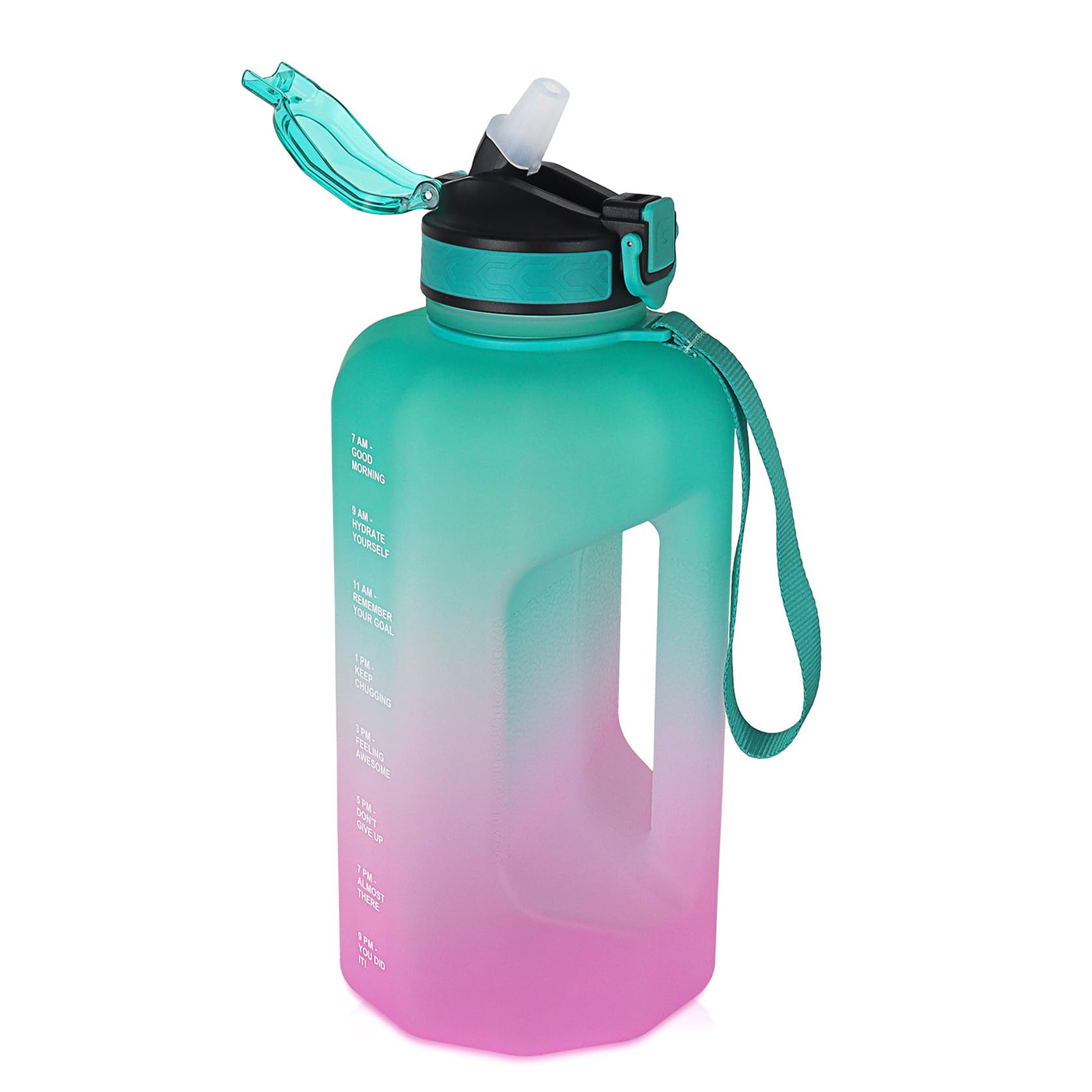 2.2 Litre Water Bottle with Straw & Handle, BPA Free Motivational Jug with Time Markings, Leakproof Sport Bottles for Gym, Outdoor (Green Pink)-image-25