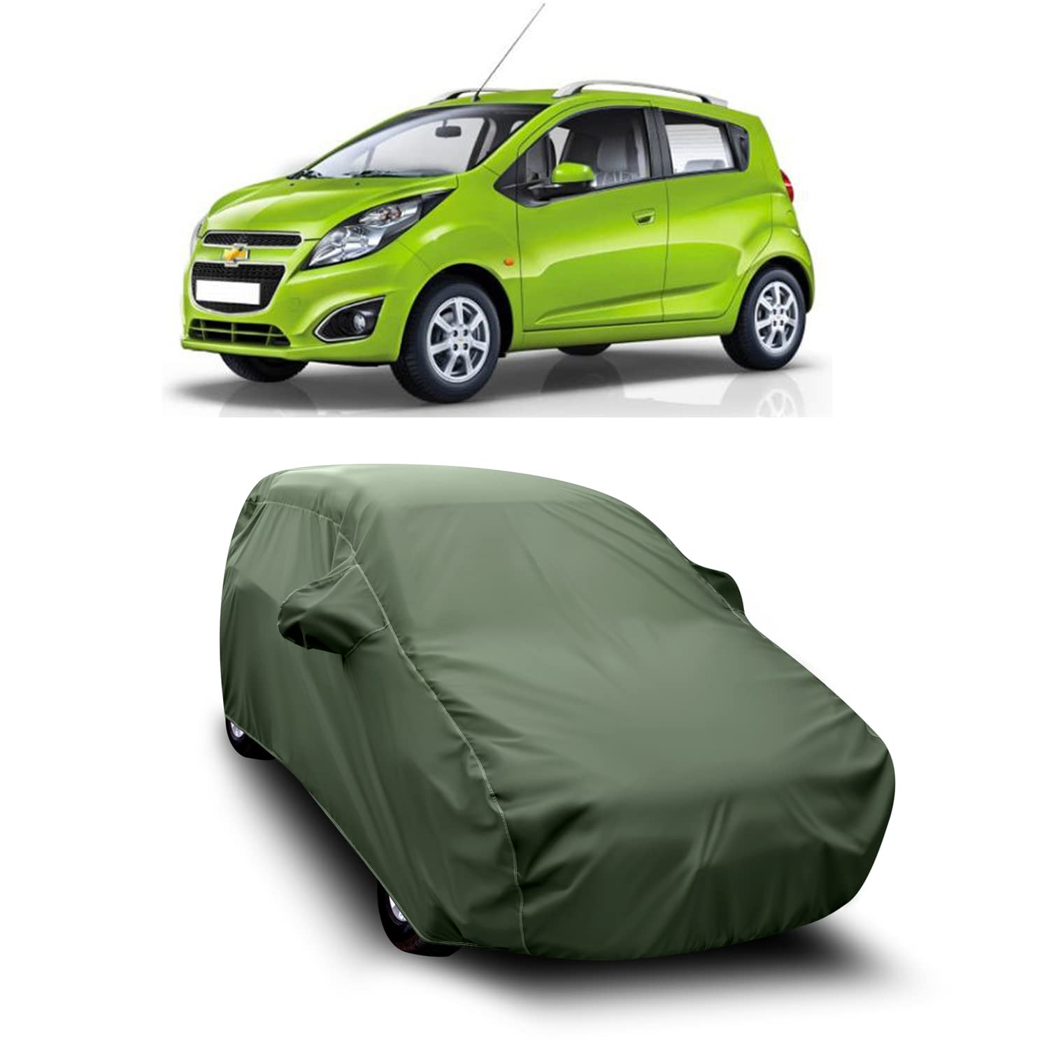 AOSIS® 100% Waterproof Car Body Cover Compatible with Chevrolet Beat with Mirror Pocket | 3 Layered Thick Fabric | 100% Rain Proof | Weather Proof | Dust Proof (Olive Green)